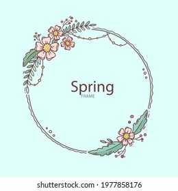 Spring floral frame. Flower design template. Romantic gentle wedding celebration banner. Plant decorative botanical border. Vegetation decor. Elegant summer floral wreath. Vector illustration.