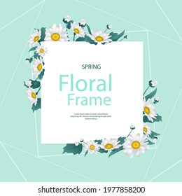 Spring floral frame. Flower design template. Romantic gentle wedding celebration banner. Plant decorative botanical border. Vegetation decor. Elegant summer floral wreath. Vector illustration.