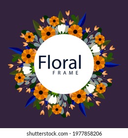 Spring floral frame. Flower design template. Romantic gentle wedding celebration banner. Plant decorative botanical border. Vegetation decor. Elegant summer floral wreath. Vector illustration.