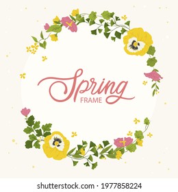 Spring floral frame. Flower design template. Romantic gentle wedding celebration banner. Plant decorative botanical border. Vegetation decor. Elegant summer floral wreath. Vector illustration.