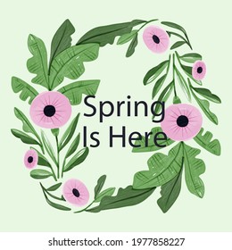 Spring floral frame. Flower design template. Romantic gentle wedding celebration banner. Plant decorative botanical border. Vegetation decor. Elegant summer floral wreath. Vector illustration.