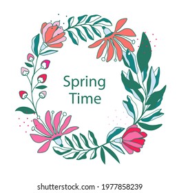 Spring floral frame. Flower design template. Romantic gentle wedding celebration banner. Plant decorative botanical border. Vegetation decor. Elegant summer floral wreath. Vector illustration.