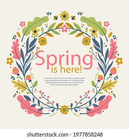 Spring floral frame. Flower design template. Romantic gentle wedding celebration banner. Plant decorative botanical border. Vegetation decor. Elegant summer floral wreath. Vector illustration.