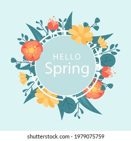 Spring floral frame. Flower design template. Romantic gentle wedding celebration banner. Plant decorative botanical border. Vegetation decor. Elegant summer floral wreath. Vector illustration.