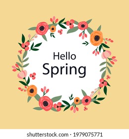 Spring floral frame. Flower design template. Romantic gentle wedding celebration banner. Plant decorative botanical border. Vegetation decor. Elegant summer floral wreath. Vector illustration.