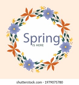 Spring floral frame. Flower design template. Romantic gentle wedding celebration banner. Plant decorative botanical border. Vegetation decor. Elegant summer floral wreath. Vector illustration.