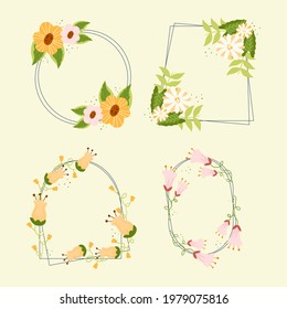 Spring floral frame. Flower design template. Romantic gentle wedding celebration banner. Plant decorative botanical border. Vegetation decor. Elegant summer floral wreath. Vector illustration.