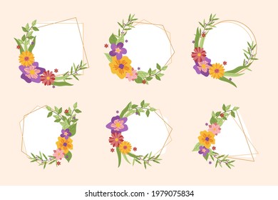 Spring floral frame. Flower design template. Romantic gentle wedding celebration banner. Plant decorative botanical border. Vegetation decor. Elegant summer floral wreath. Vector illustration.