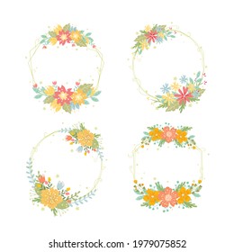 Spring floral frame. Flower design template. Romantic gentle wedding celebration banner. Plant decorative botanical border. Vegetation decor. Elegant summer floral wreath. Vector illustration.