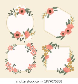 Spring floral frame. Flower design template. Romantic gentle wedding celebration banner. Plant decorative botanical border. Vegetation decor. Elegant summer floral wreath. Vector illustration.