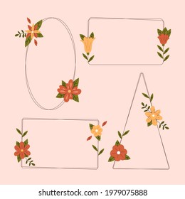 Spring floral frame. Flower design template. Romantic gentle wedding celebration banner. Plant decorative botanical border. Vegetation decor. Elegant summer floral wreath. Vector illustration.