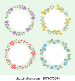 Spring floral frame. Flower design template. Romantic gentle wedding celebration banner. Plant decorative botanical border. Vegetation decor. Elegant summer floral wreath. Vector illustration.