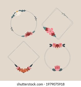 Spring floral frame. Flower design template. Romantic gentle wedding celebration banner. Plant decorative botanical border. Vegetation decor. Elegant summer floral wreath. Vector illustration.
