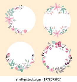 Marco floral de primavera. Plantilla de diseño de flores. Romántico cartel de celebración de boda. Borde botánico decorativo de planta. Decoración vegetal. Elegante corona floral de verano. Ilustración vectorial.