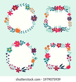Spring floral frame. Flower design template. Romantic gentle wedding celebration banner. Plant decorative botanical border. Vegetation decor. Elegant summer floral wreath. Vector illustration.