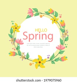 Spring floral frame. Flower design template. Romantic gentle wedding celebration banner. Plant decorative botanical border. Vegetation decor. Elegant summer floral wreath. Vector illustration.