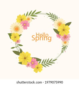 Spring floral frame. Flower design template. Romantic gentle wedding celebration banner. Plant decorative botanical border. Vegetation decor. Elegant summer floral wreath. Vector illustration.