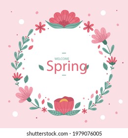 Spring floral frame. Flower design template. Romantic gentle wedding celebration banner. Plant decorative botanical border. Vegetation decor. Elegant summer floral wreath. Vector illustration.