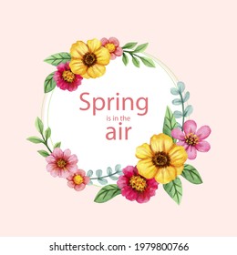 Marco floral de primavera. Plantilla de diseño de flores. Romántico cartel de celebración de boda. Borde botánico decorativo de planta. Decoración vegetal. Elegante corona floral de verano. Ilustración vectorial.