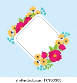 Spring floral frame. Flower design template. Romantic gentle wedding celebration banner. Plant decorative botanical border. Vegetation decor. Elegant summer floral wreath. Vector illustration.