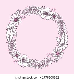 Spring floral frame. Flower design template. Romantic gentle wedding celebration banner. Plant decorative botanical border. Vegetation decor. Elegant summer floral wreath. Vector illustration.
