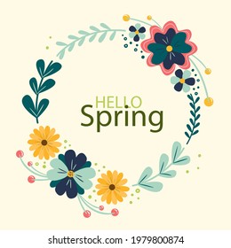 Spring floral frame. Flower design template. Romantic gentle wedding celebration banner. Plant decorative botanical border. Vegetation decor. Elegant summer floral wreath. Vector illustration.