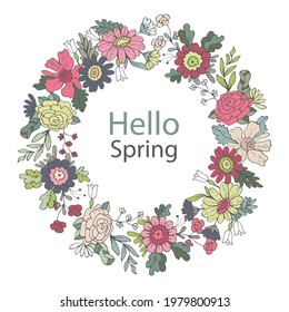 Spring floral frame. Flower design template. Romantic gentle wedding celebration banner. Plant decorative botanical border. Vegetation decor. Elegant summer floral wreath. Vector illustration.