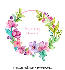 Spring floral frame. Flower design template. Romantic gentle wedding celebration banner. Plant decorative botanical border. Vegetation decor. Elegant summer floral wreath. Vector illustration.