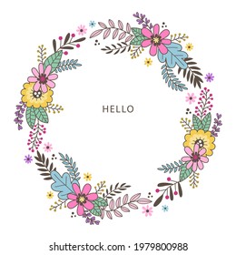 Marco floral de primavera. Plantilla de diseño de flores. Romántico cartel de celebración de boda. Borde botánico decorativo de planta. Decoración vegetal. Elegante corona floral de verano. Ilustración vectorial.