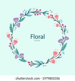 Marco floral de primavera. Plantilla de diseño de flores. Romántico cartel de celebración de boda. Borde botánico decorativo de planta. Decoración vegetal. Elegante corona floral de verano. Ilustración vectorial.