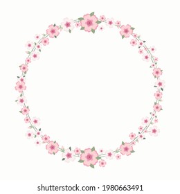 Spring floral frame. Flower design template. Romantic gentle wedding celebration banner. Plant decorative botanical border. Vegetation decor. Elegant summer floral wreath. Vector illustration.