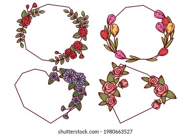 Marco floral de primavera. Plantilla de diseño de flores. Romántico cartel de celebración de boda. Borde botánico decorativo de planta. Decoración vegetal. Elegante corona floral de verano. Ilustración vectorial.