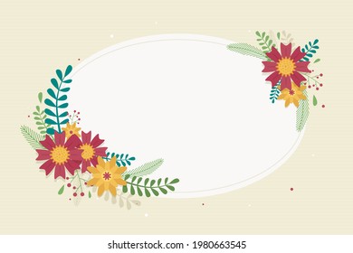 Spring floral frame. Flower design template. Romantic gentle wedding celebration banner. Plant decorative botanical border. Vegetation decor. Elegant summer floral wreath. Vector illustration.