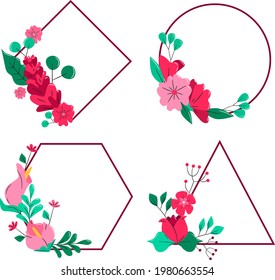 Spring floral frame. Flower design template. Romantic gentle wedding celebration banner. Plant decorative botanical border. Vegetation decor. Elegant summer floral wreath. Vector illustration.