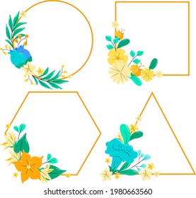 Spring floral frame. Flower design template. Romantic gentle wedding celebration banner. Plant decorative botanical border. Vegetation decor. Elegant summer floral wreath. Vector illustration.