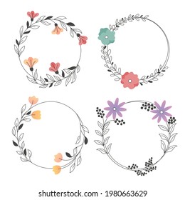 Marco floral de primavera. Plantilla de diseño de flores. Romántico cartel de celebración de boda. Borde botánico decorativo de planta. Decoración vegetal. Elegante corona floral de verano. Ilustración vectorial.