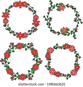 Spring floral frame. Flower design template. Romantic gentle wedding celebration banner. Plant decorative botanical border. Vegetation decor. Elegant summer floral wreath. Vector illustration.