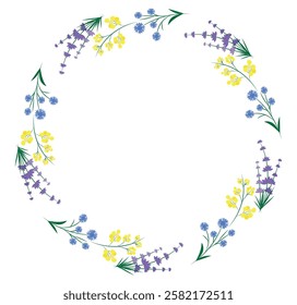 Spring floral frame. Flower design template. Romantic gentle wedding celebration banner. Plant decorative botanical border. Vegetation decor. Elegant summer floral wreath. Vector illustration.