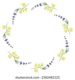 Spring floral frame. Flower design template. Romantic gentle wedding celebration banner. Plant decorative botanical border. Vegetation decor. Elegant summer floral wreath. Vector illustration.