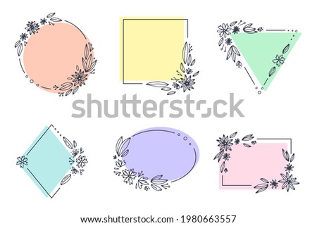 Spring floral frame. Flower design template. Romantic gentle wedding celebration banner. Plant decorative botanical border. Vegetation decor. Elegant summer floral wreath. Vector illustration.