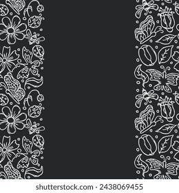 Spring floral frame with flowers, butterflies, bees and ladybugs. Seamless flowers background