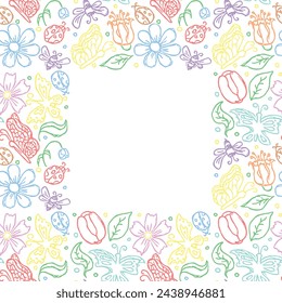 Spring floral frame with flowers, butterflies, bees and ladybugs. Seamless flowers background