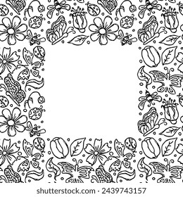 Spring floral frame with flowers, butterflies, bees and ladybugs. Seamless flowers background