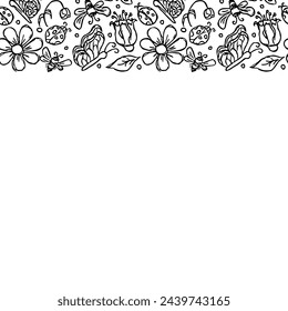 Spring floral frame with flowers, butterflies, bees and ladybugs. Seamless flowers background