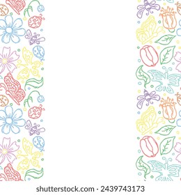 Spring floral frame with flowers, butterflies, bees and ladybugs. Seamless flowers background