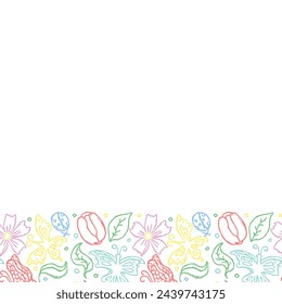 Spring floral frame with flowers, butterflies, bees and ladybugs. Seamless flowers background