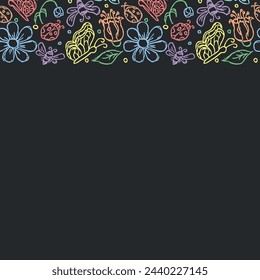 Spring floral frame with flowers, butterflies, bees and ladybugs. Seamless flowers background
