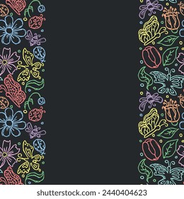 Spring floral frame with flowers, butterflies, bees and ladybugs. Seamless flowers background