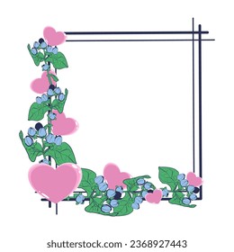 Spring floral frame with hearts and flower buds. Vector illustration 