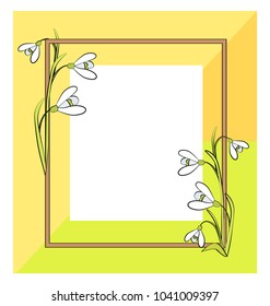 Spring floral frame, made of blooming snowdrops, empty inside, with white color in it, vector illustration isolated on green and yellow colors